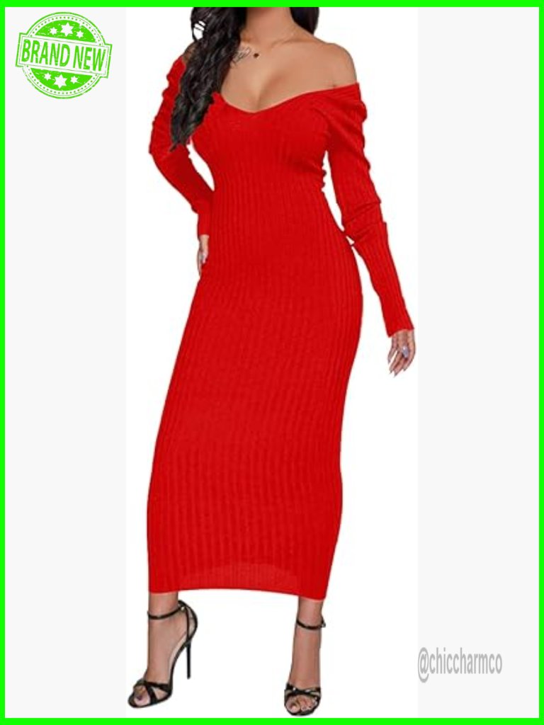 Off Shoulder Plus Size Bodycon Sweater Dress Long Sleeve Knit Midi Dress Work